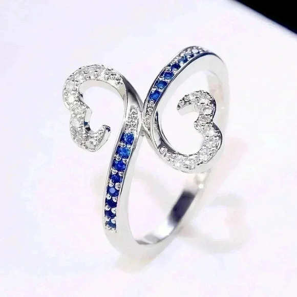 New 14k Gold Plated Silver Diamond Blue Sapphire Infinity Heart Ring - Picture 1 of 5